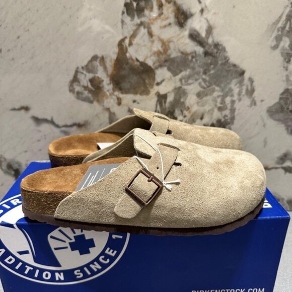 Birkenstock Boston taupe suede mule clogs - Picture 1 of 7